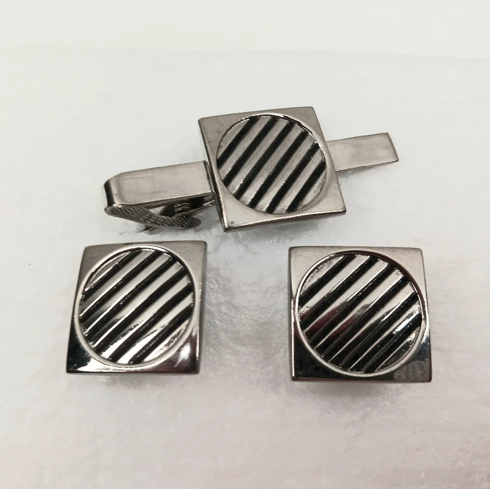 Tie Clip Bar, Cufflinks, Silver Black Vintage Space Age Graphics Classic Atomic